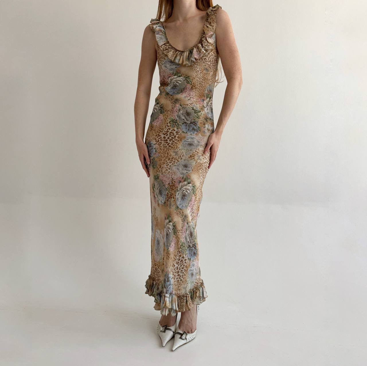 Vintage viscose long dress with leopard and flower print