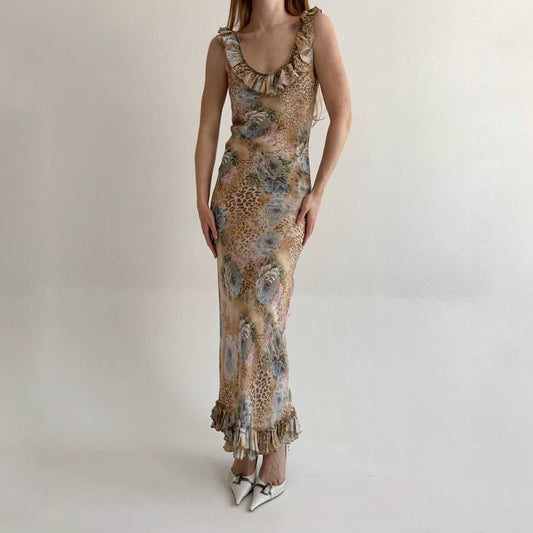 Vintage viscose long dress with leopard and flower print