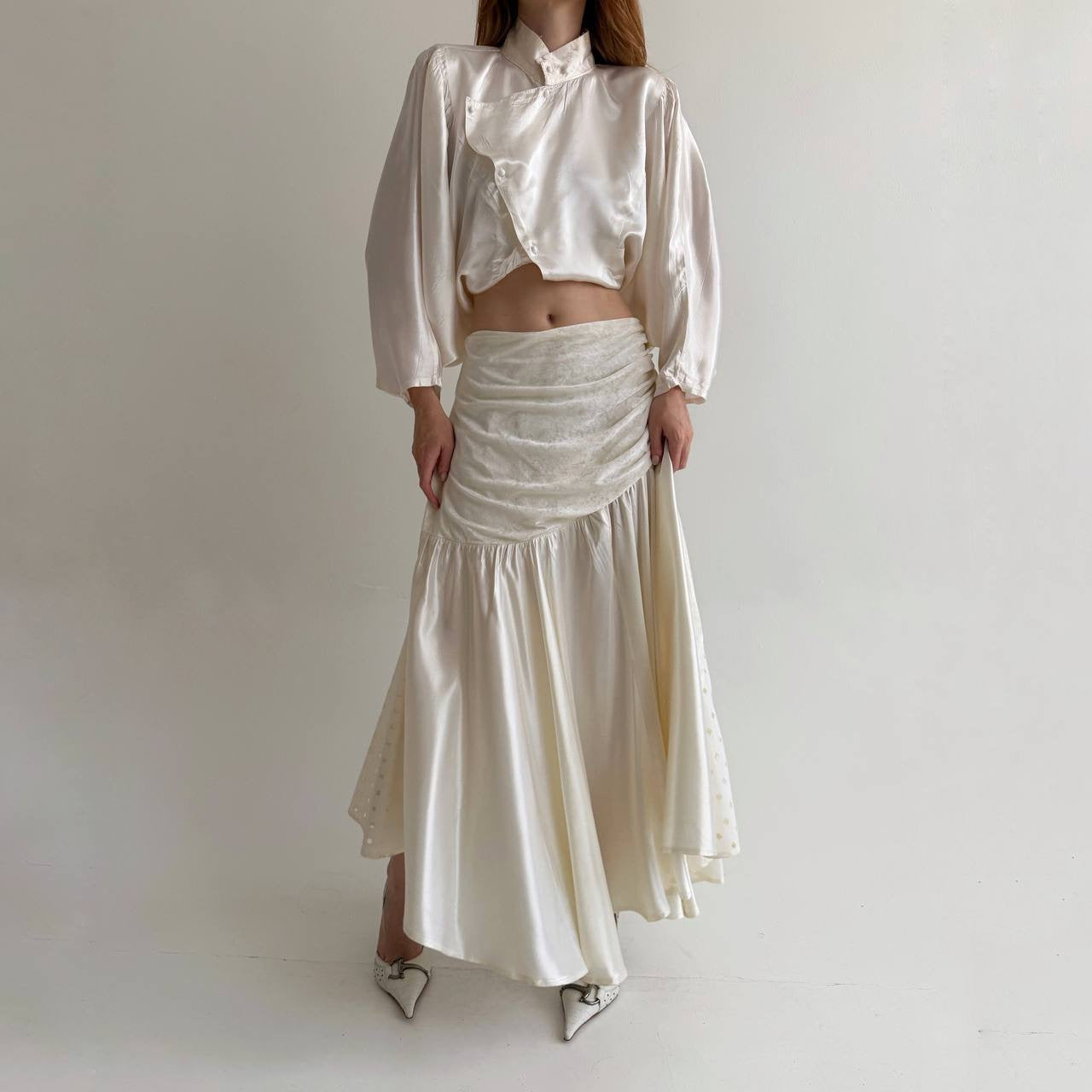 Vintage cream white maxi skirt with lace and eyelet fabric