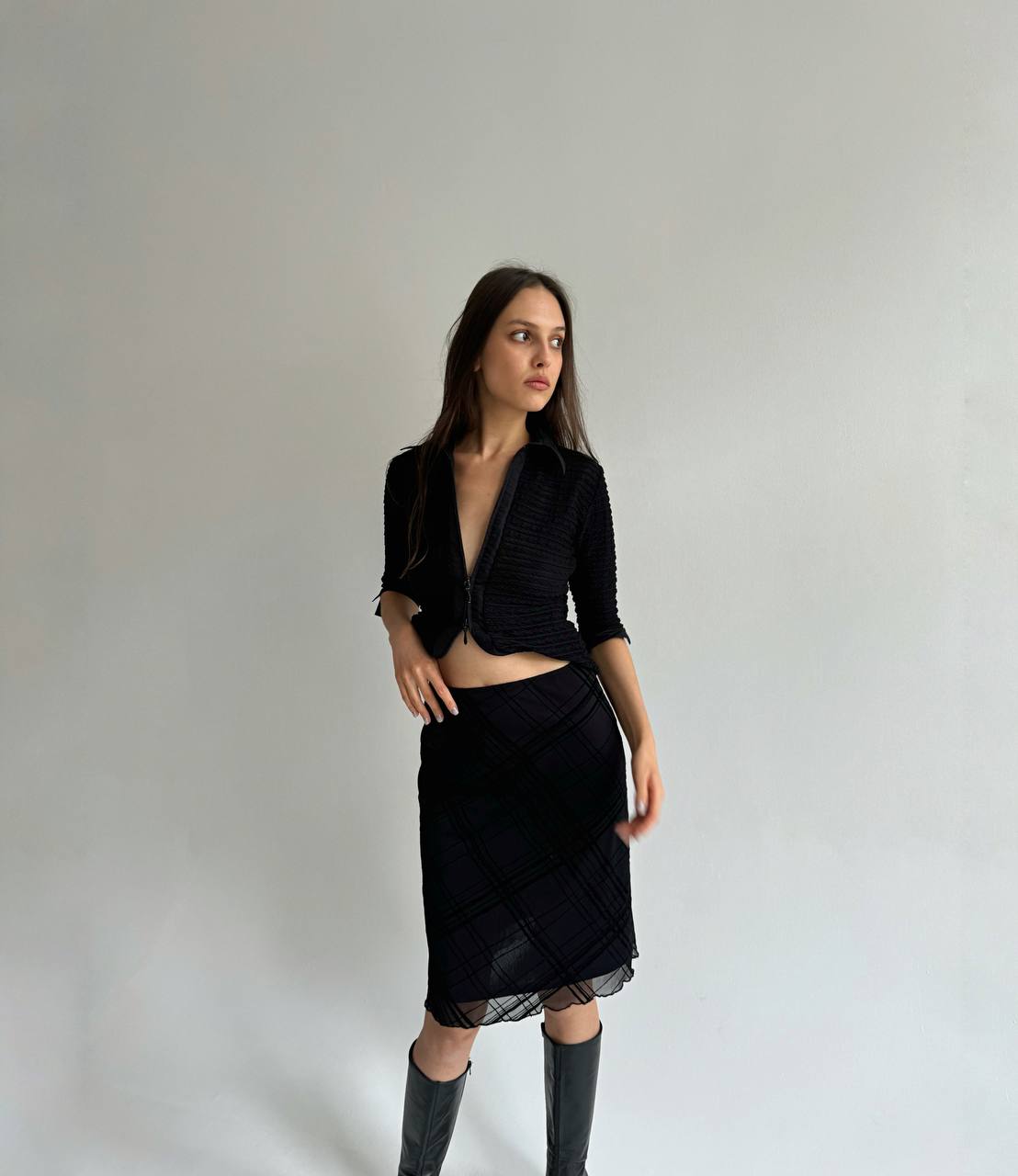 Vintage checked midi skirt with velour details