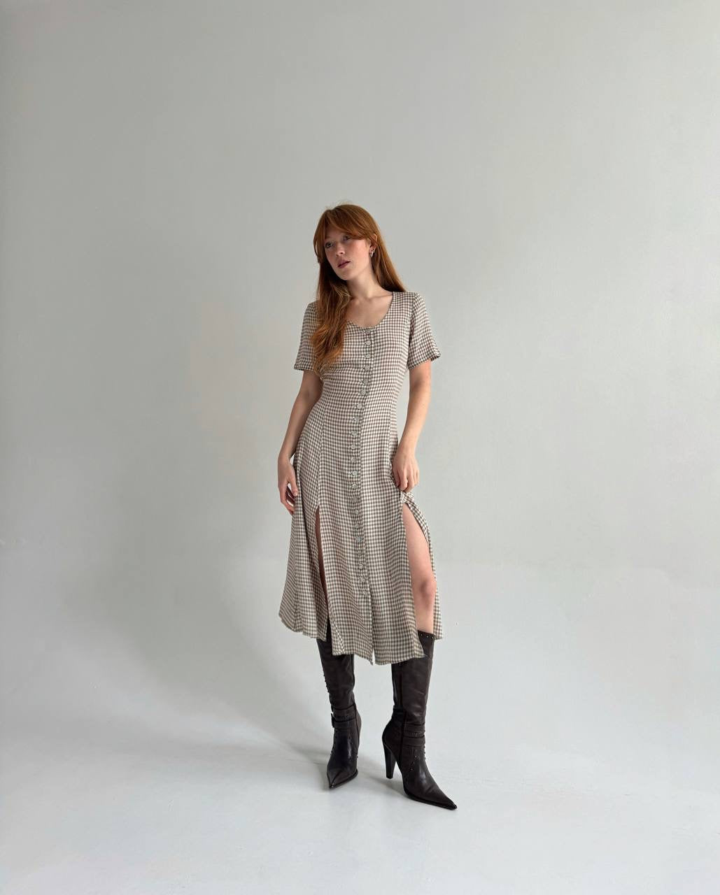 Vintage viscose checked dress with a waist tie