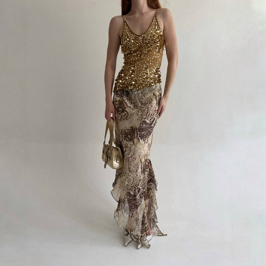 Vintage asymmetrical printed maxi skirt