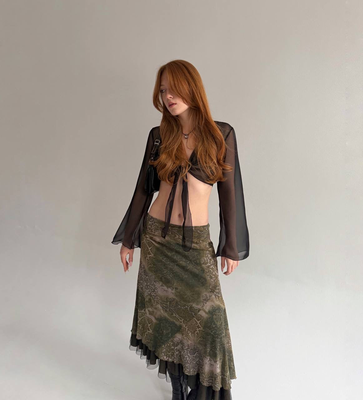 Y2K green printed midi asymmetrical skirt