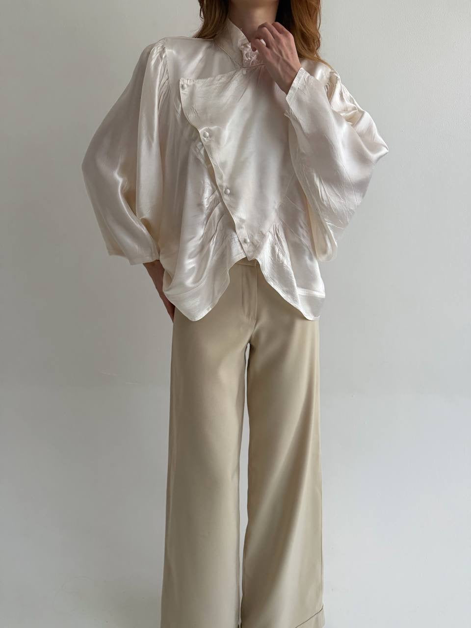 Vintage viscose cream satin asymmetrical blouse