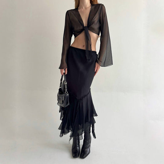 Vintage viscose black asymmetrical layered bottom skirt with ruched detail