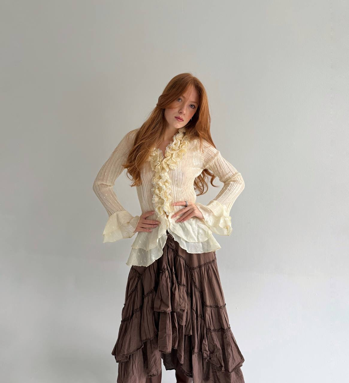 Vintage 65% silk pleated blouse with ruffles