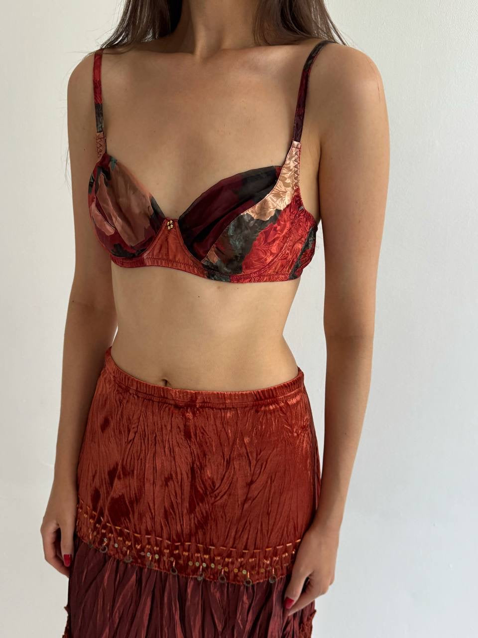 Vintage orange printed bra with rhinestones