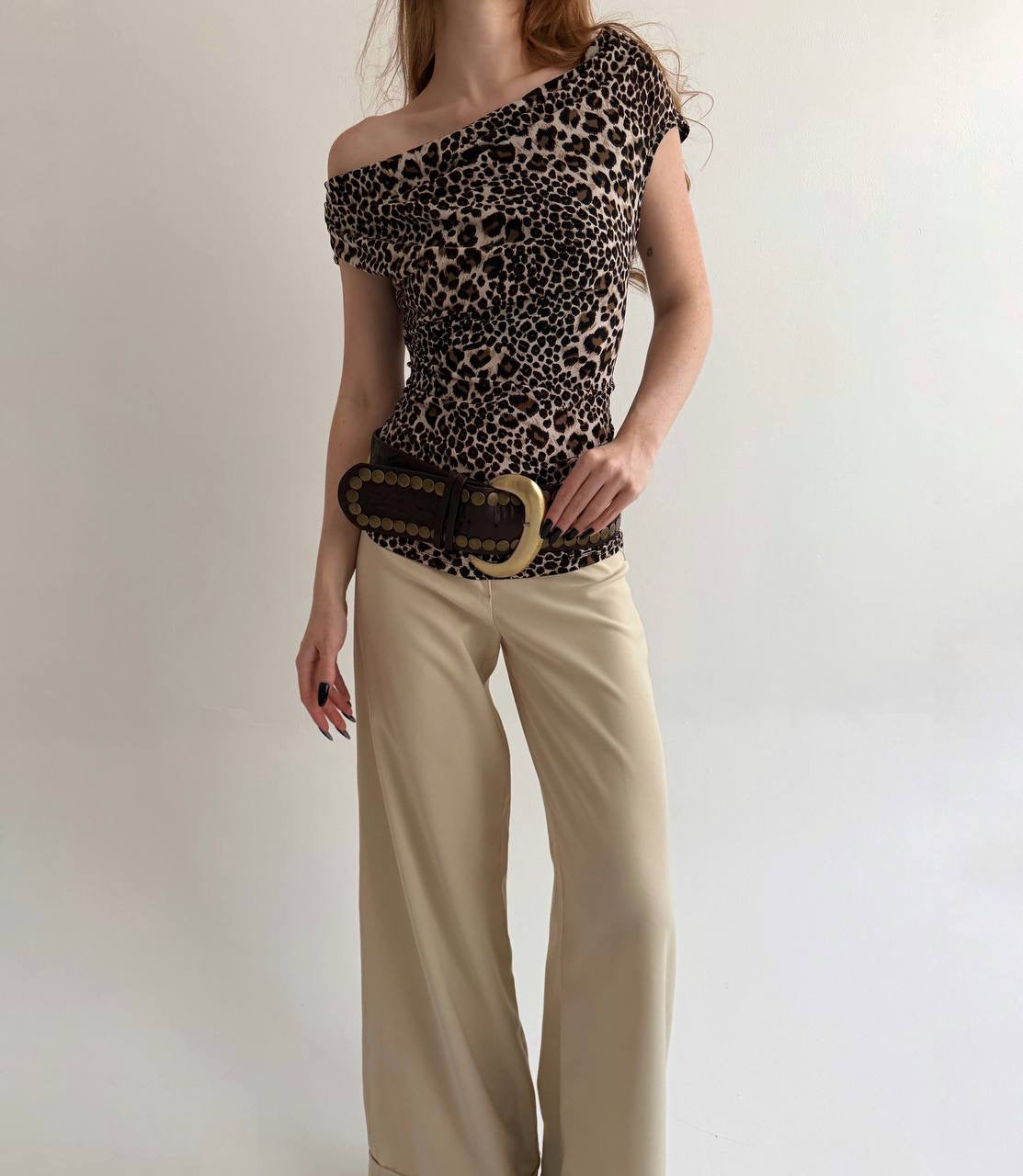 Y2K leopard print draped blouse