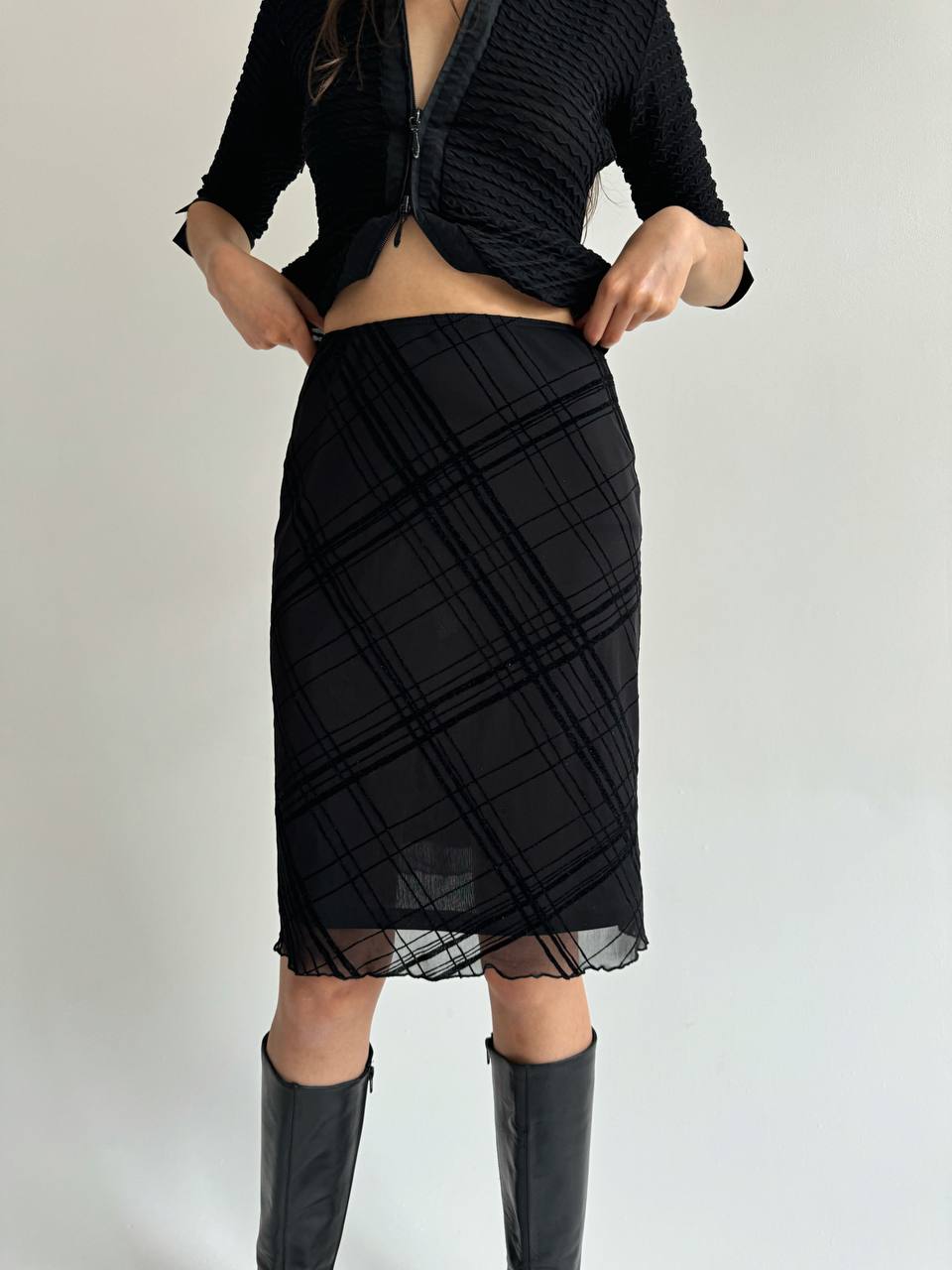 Vintage checked midi skirt with velour details
