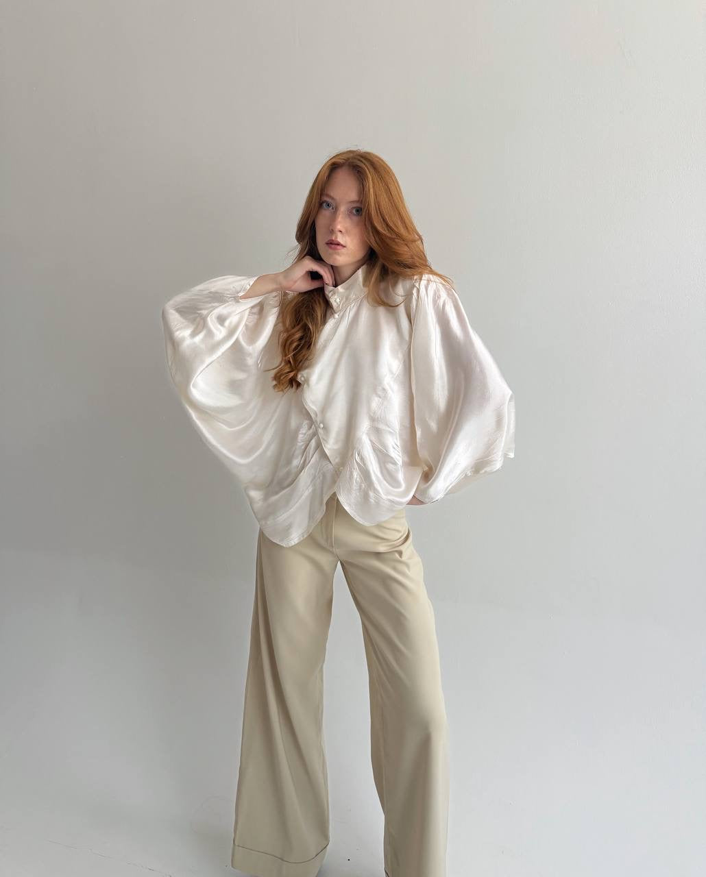 Vintage viscose cream satin asymmetrical blouse