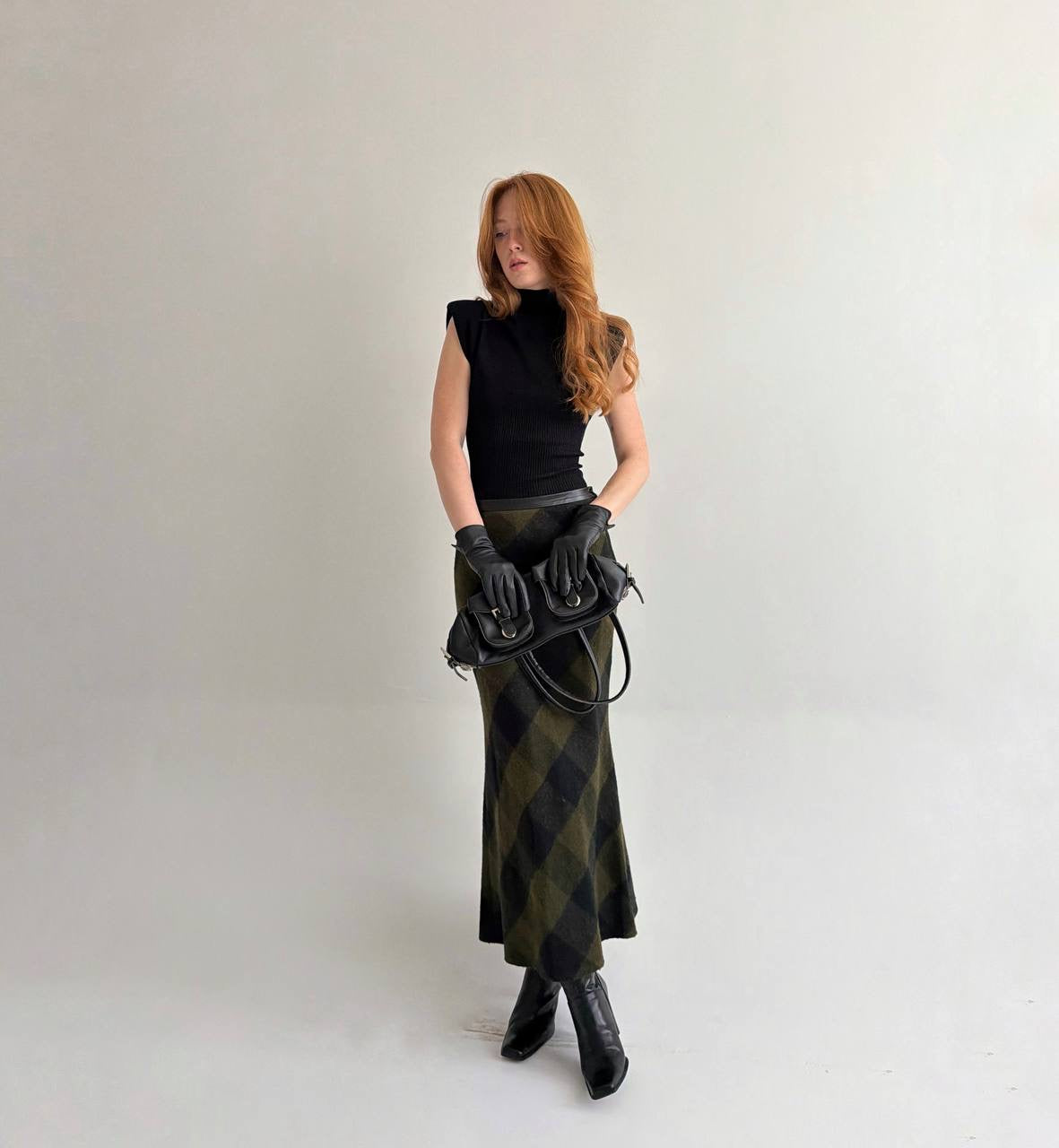 Vintage dark green khaki checked maxi skirt