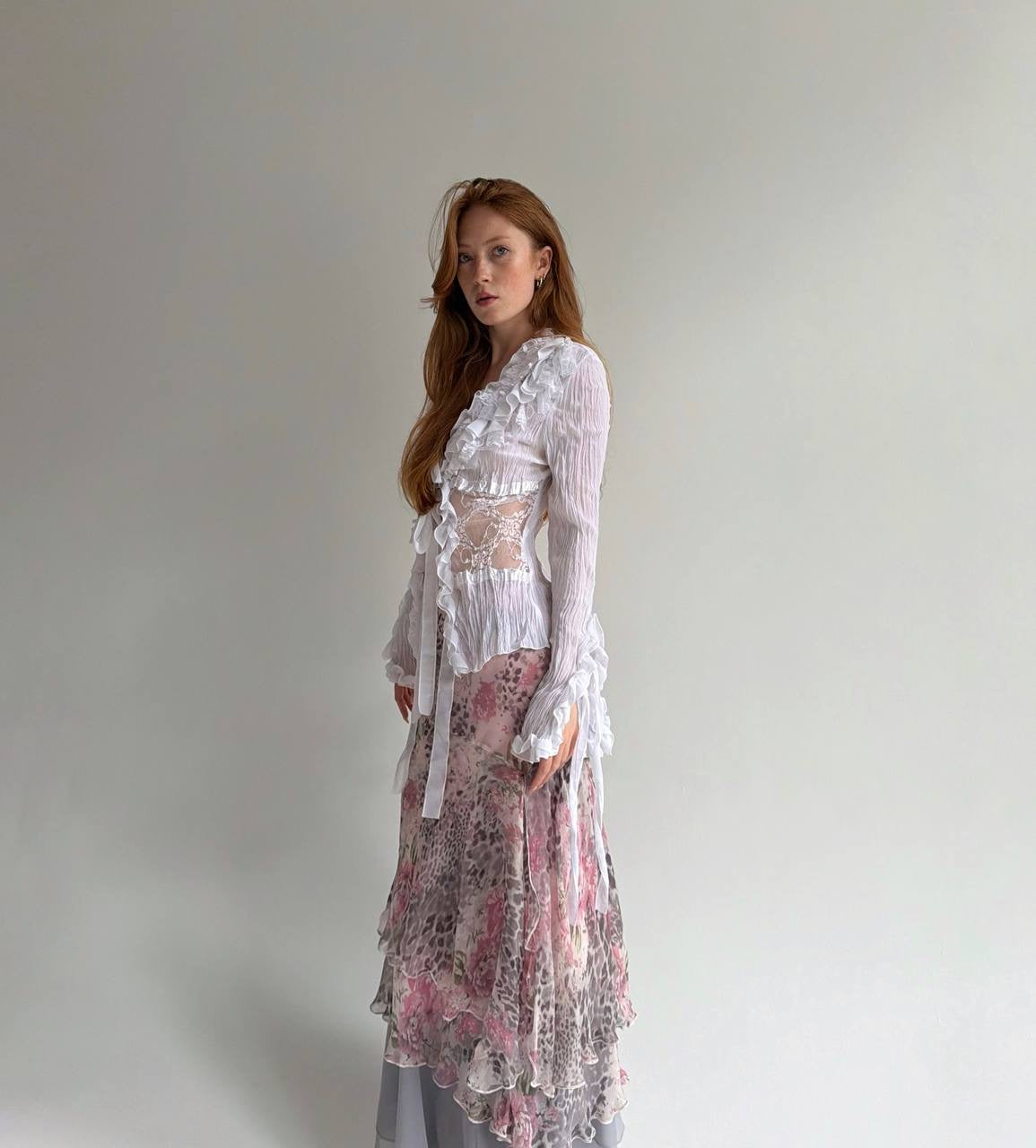 Vintage printed ruched long skirt