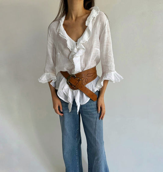 Vintage linen white blouse with ruffles