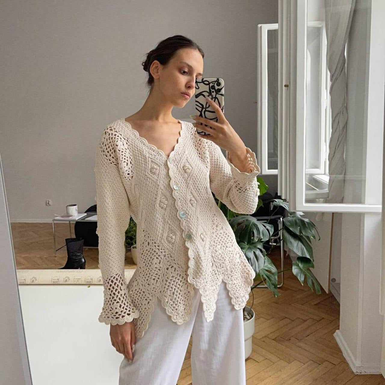 Vintage cotton crochet cardigan with pearl buttons