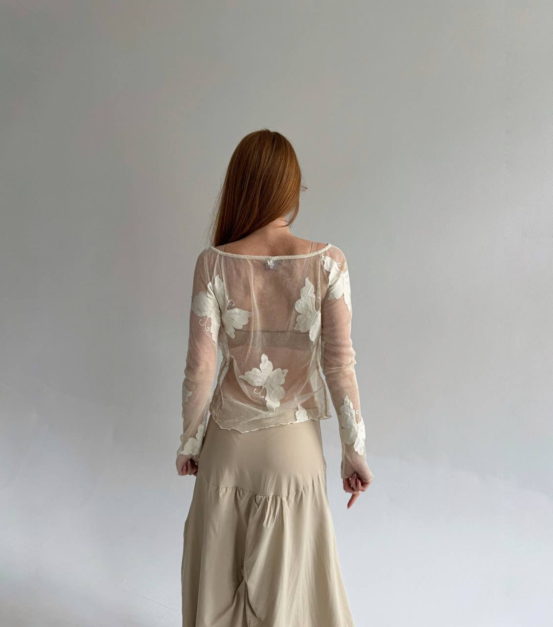 Vintage cream mesh transparent blouse with butterflies