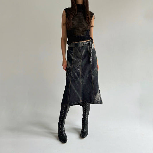 Vintage washed denim asymmetrical midi skirt