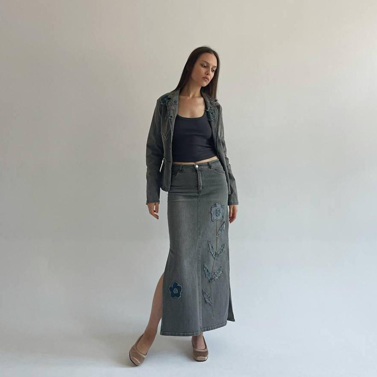 Vintage grey denim suit with appliqué flowers