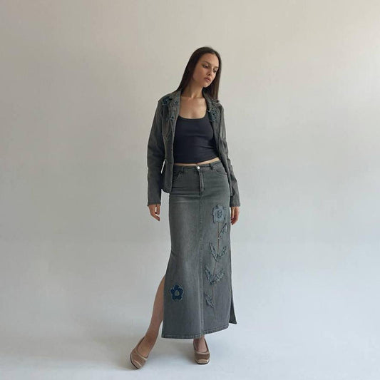 Vintage grey denim suit with appliqué flowers