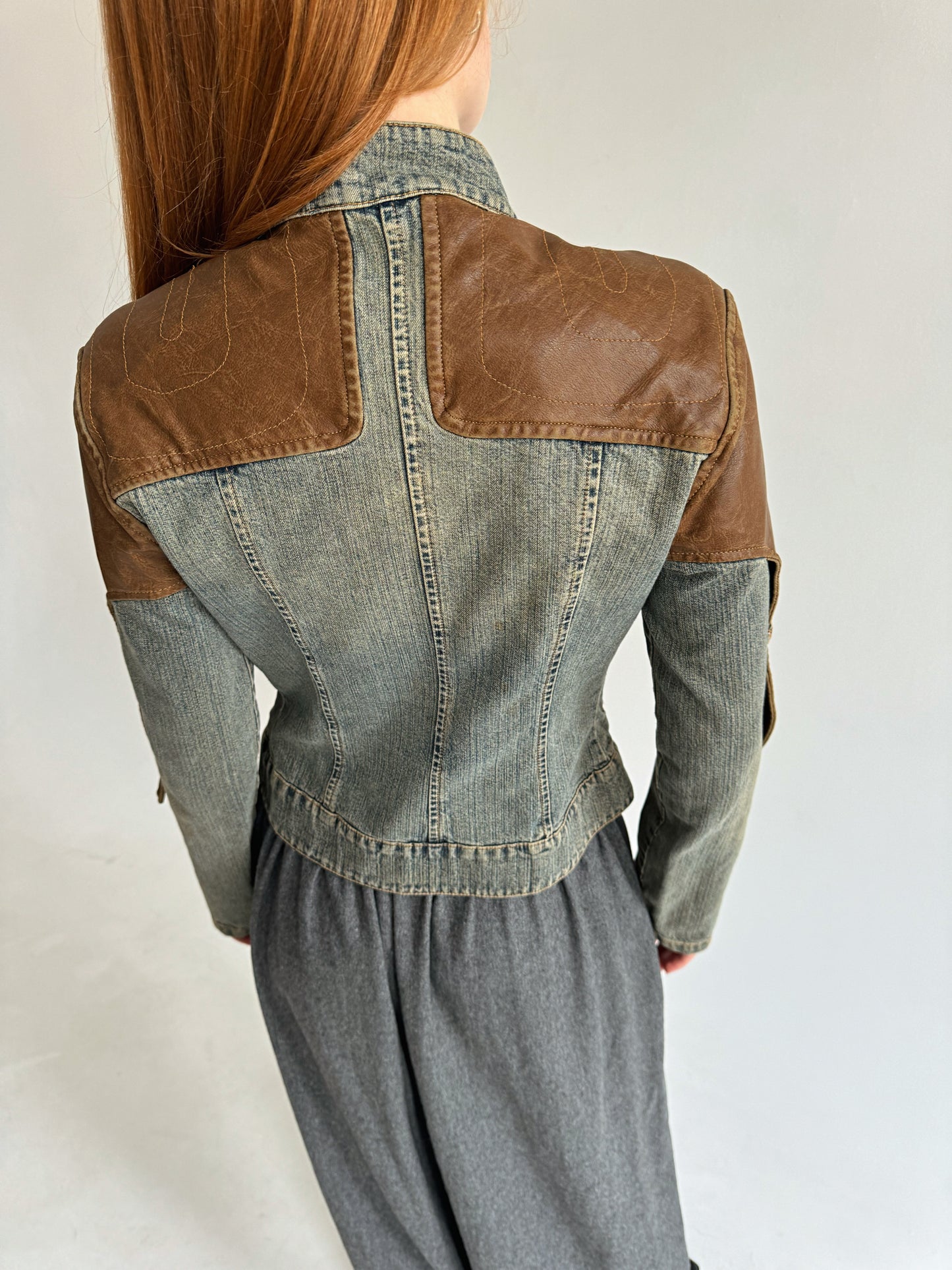 Vintage washed denim fitted moto jacket