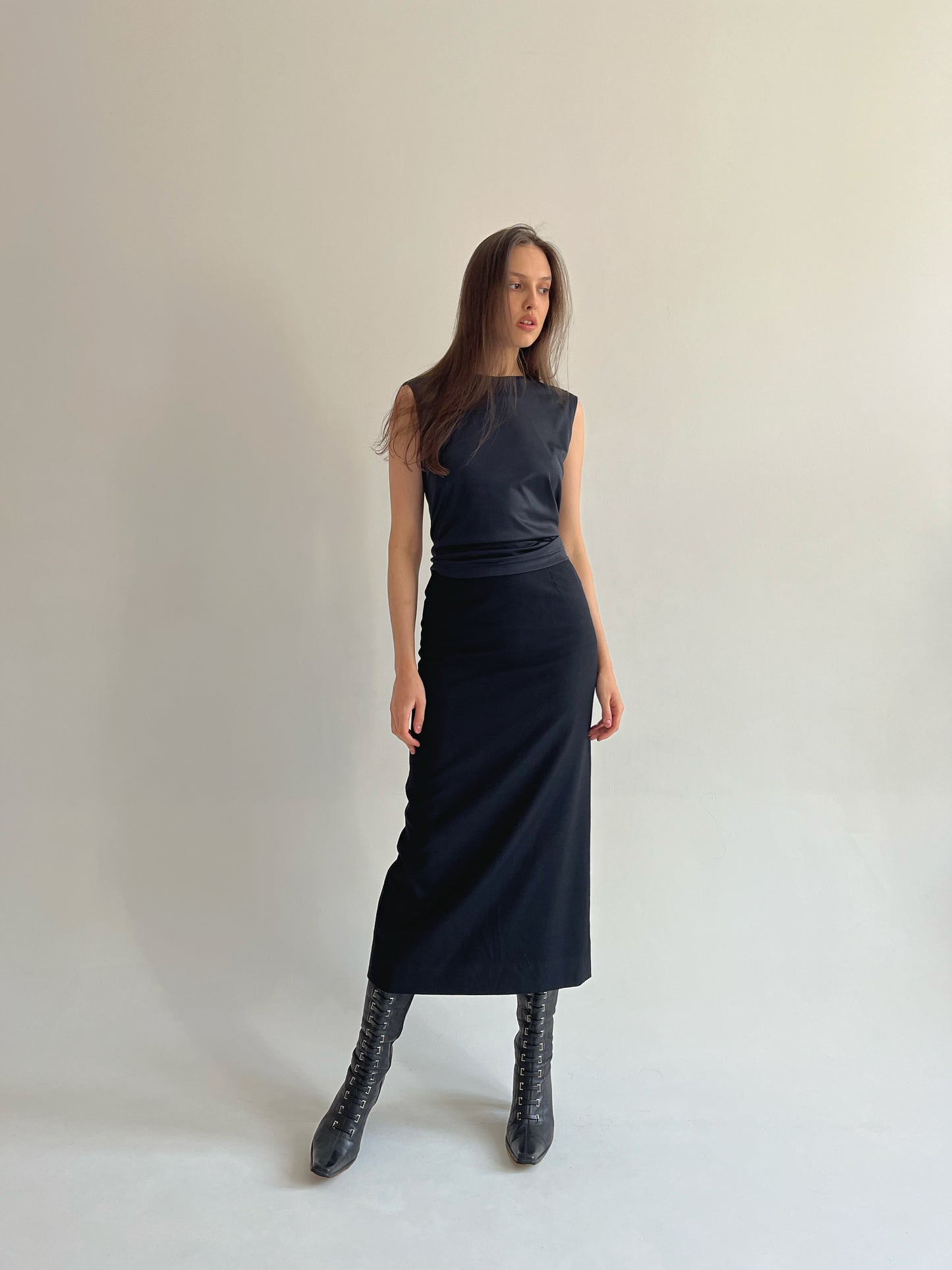 Vintage Lanvin wool black maxi pencil skirt