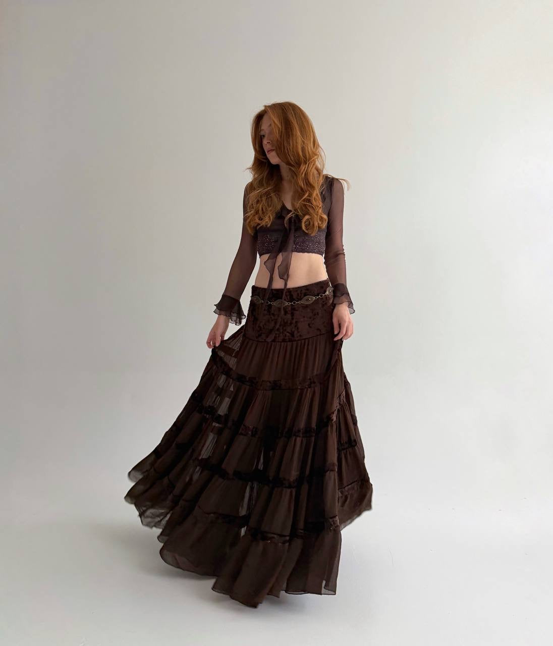 Vintage viscose brown sheer ruched maxi skirt