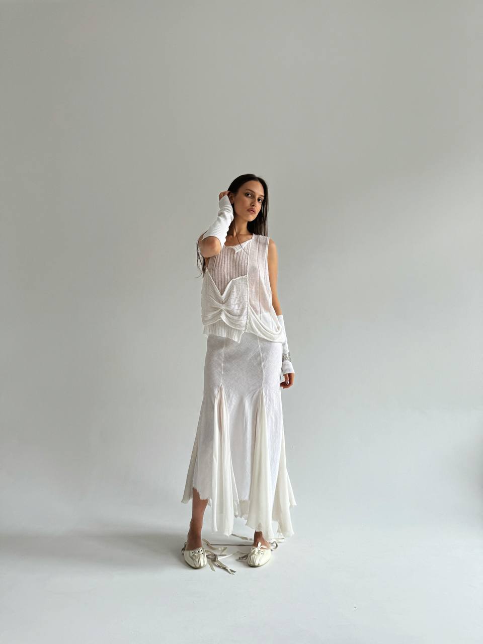 Vintage linen and silk maxi skirt in white