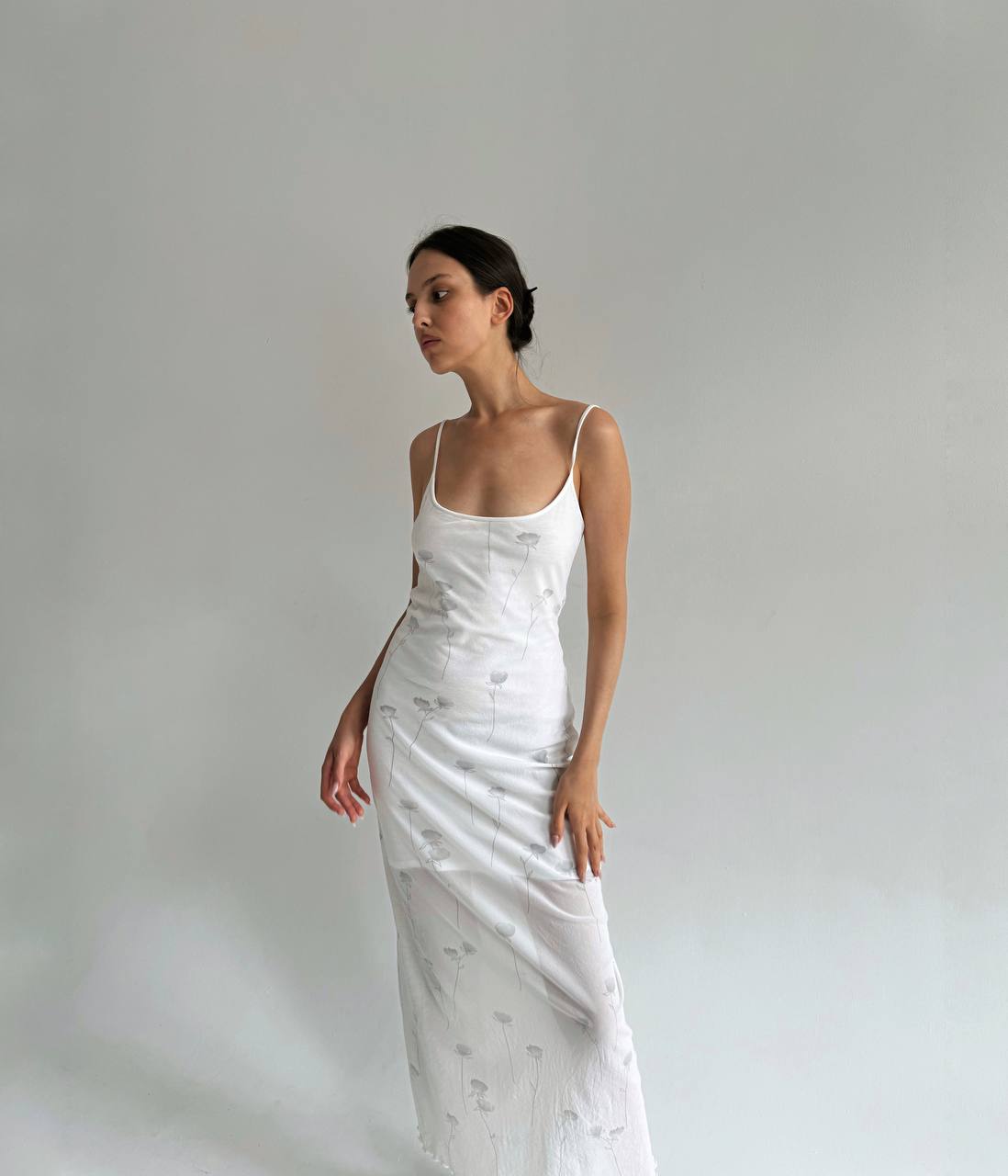 Vintage viscose mesh white dress with flowers