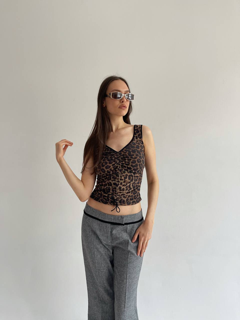 Vintage Plein Sud leopard mesh top with front gathering