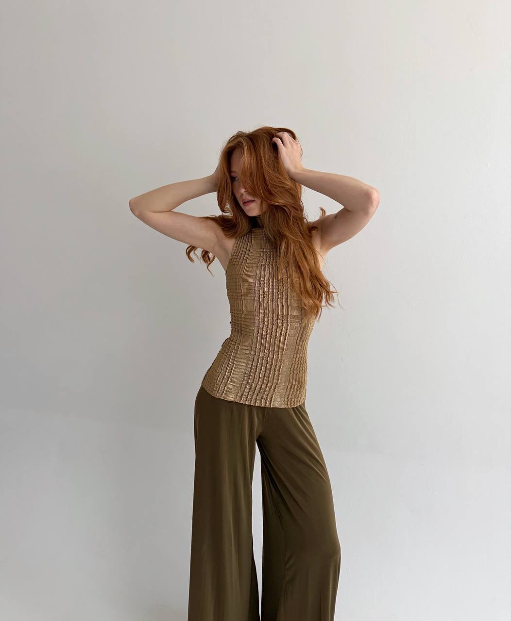 Vintage beige bronze pleated avant garde top