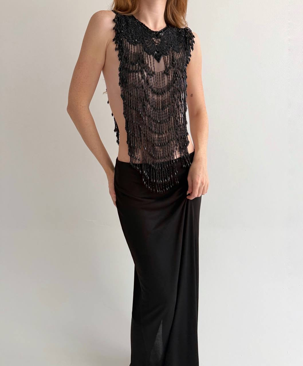 Vintage black beaded fringe mesh top accessory