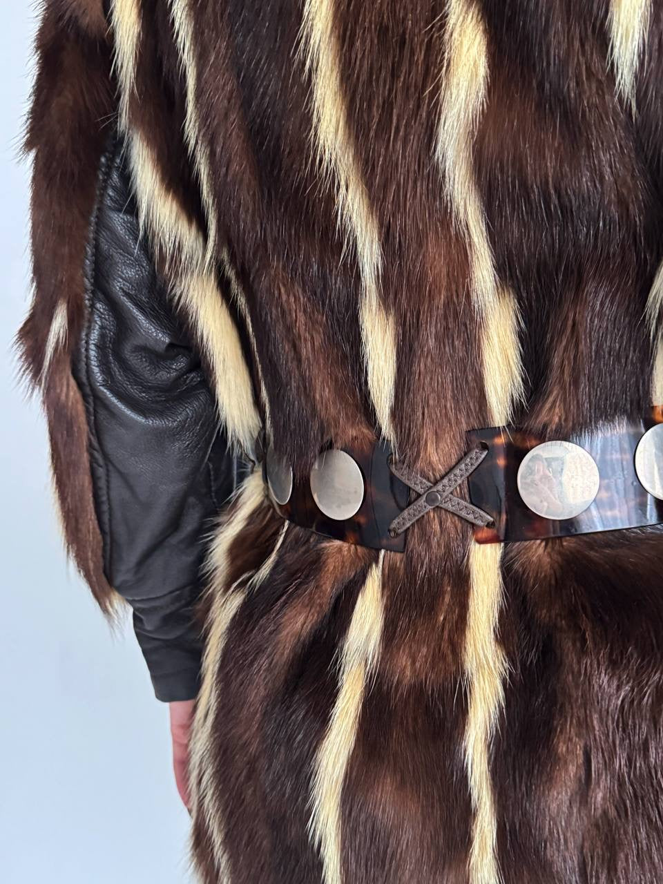 Vintage real fur coat with tortoise shell belt