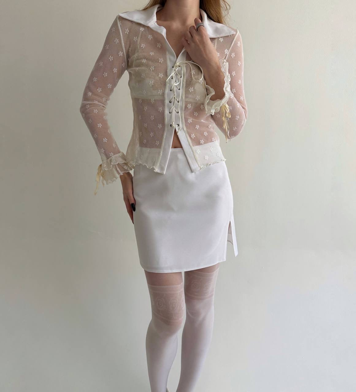 Y2K white mesh blouse with flower pattern
