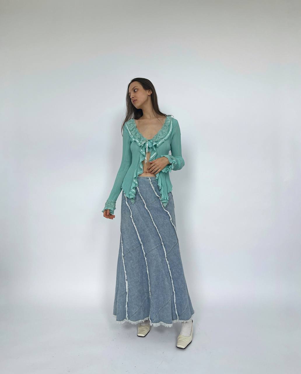 Vintage light denim maxi mermaid cut skirt