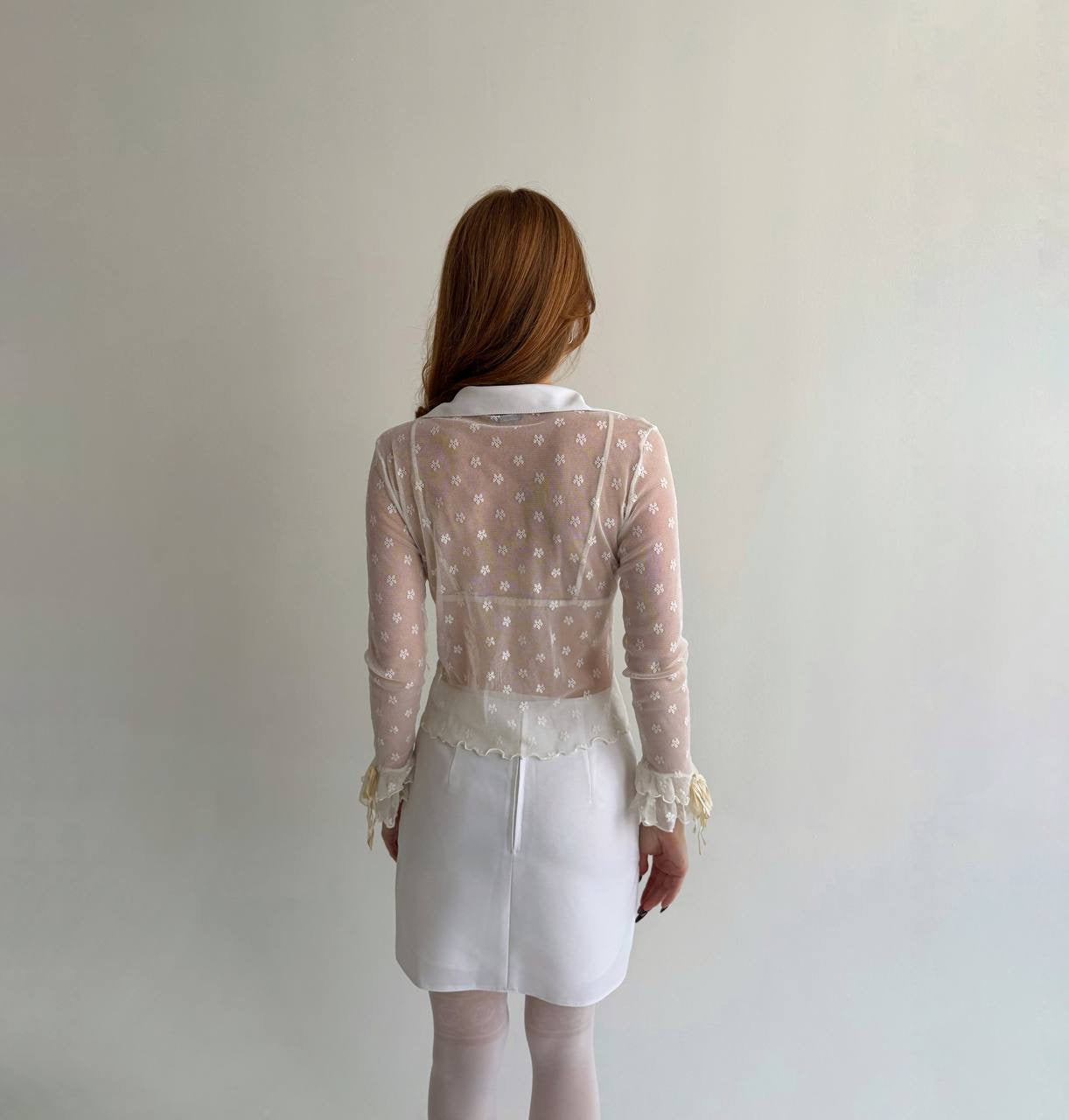 Y2K white mesh blouse with flower pattern