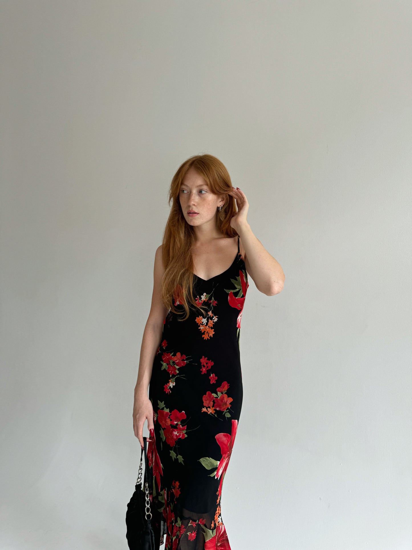 Vintage viscose dress with red flowers