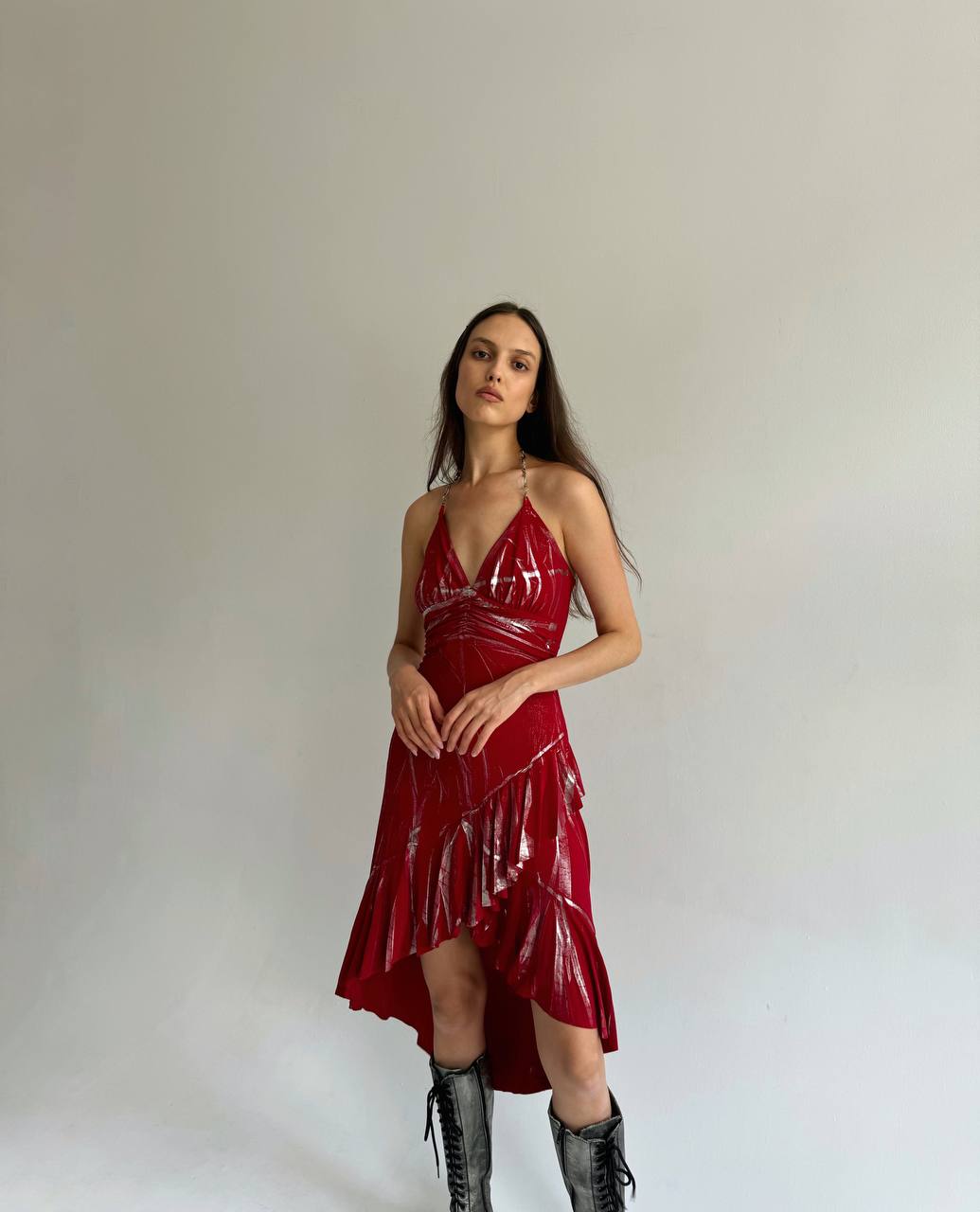 Vintage asymmetrical red dress with metallic details and crystal chain strap