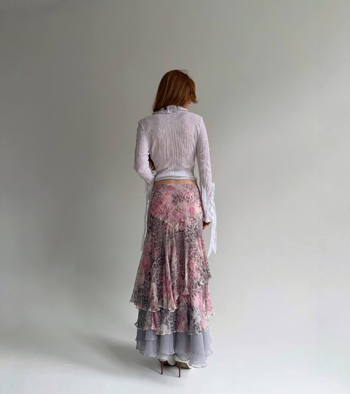 Vintage printed ruched long skirt