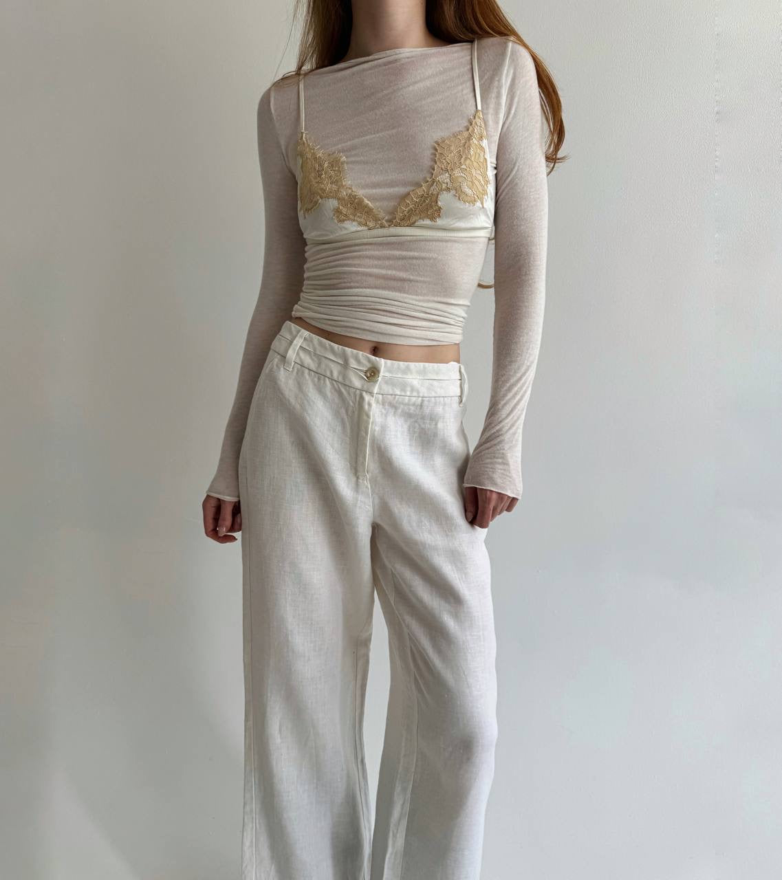 Y2K linen white wide leg pants