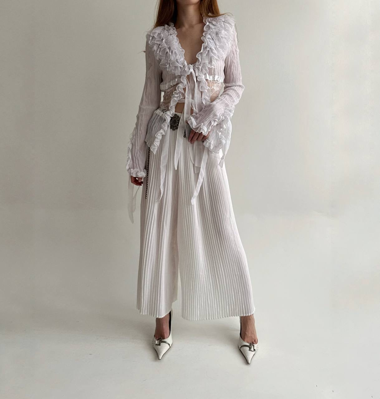 Vintage pleated white long wide pants