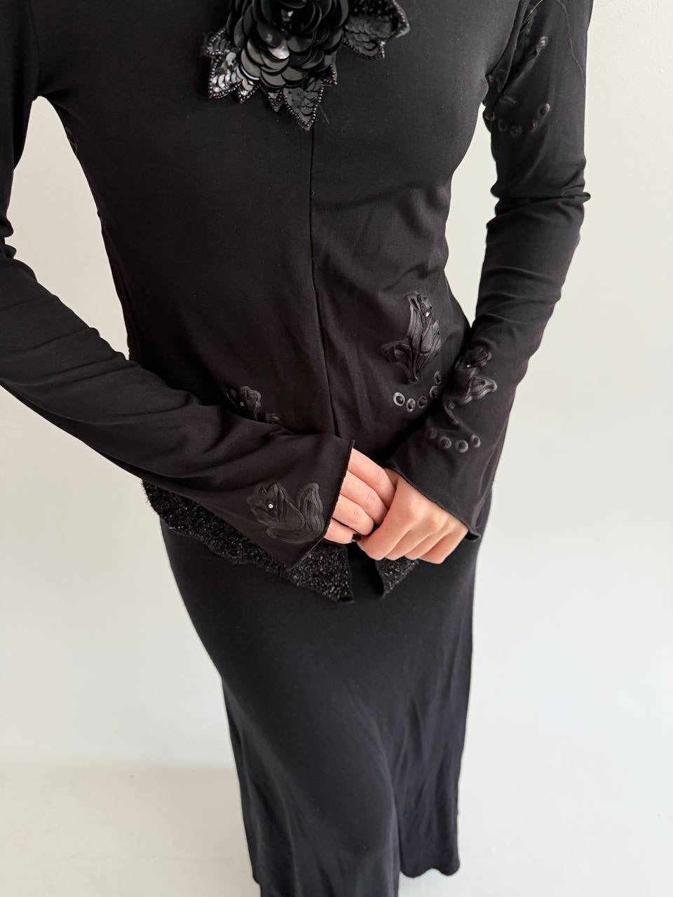 Y2K made in Italy black blouse with flower appliqué