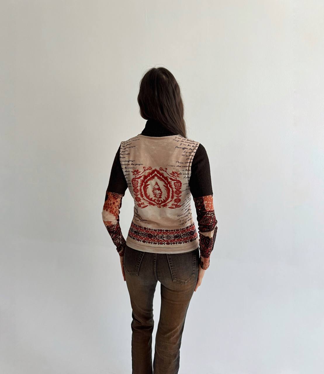 Vintage mesh printed blouse with knitted turtleneck