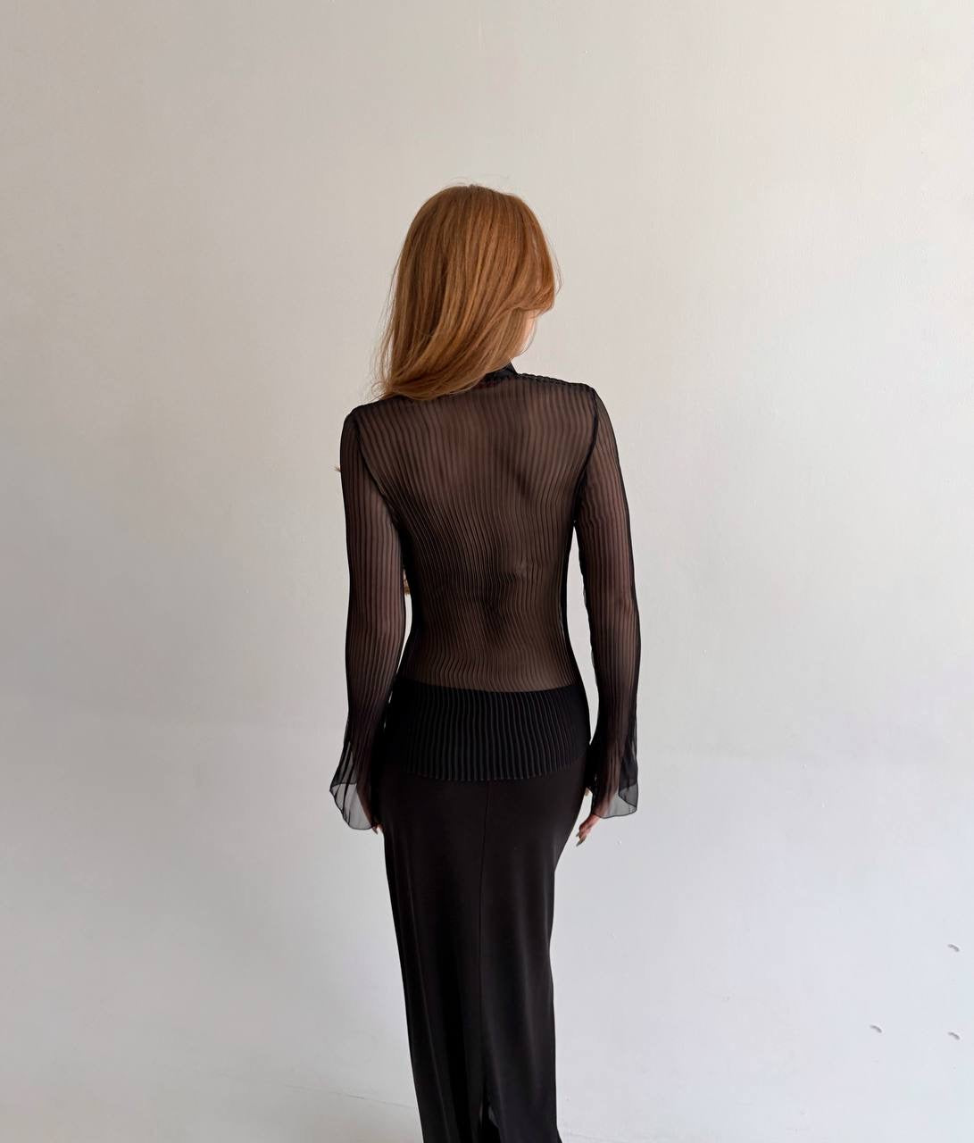 Vintage black sheer pleated blouse
