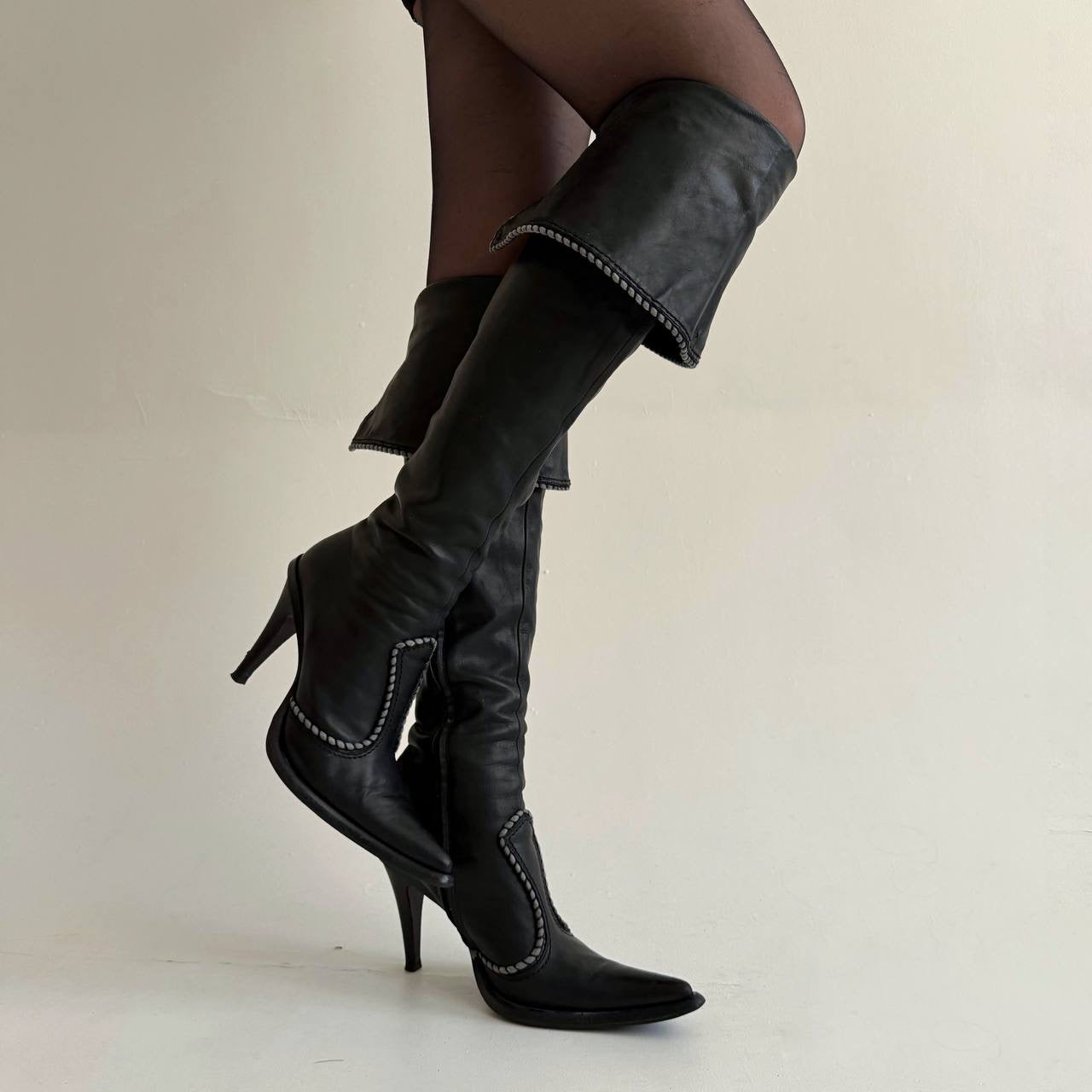 Vintage genuine leather black knee high boots