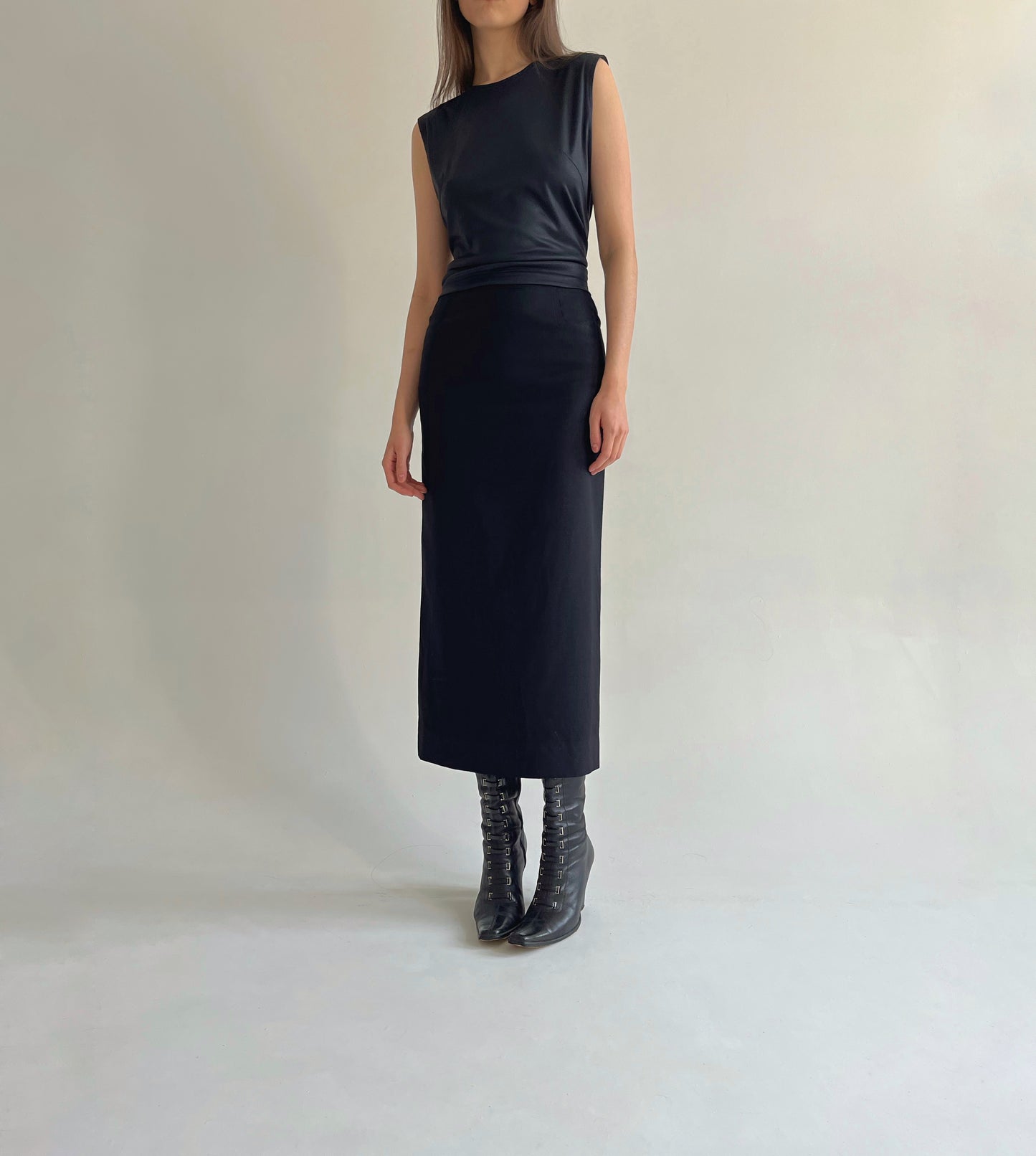 Vintage Lanvin wool black maxi pencil skirt