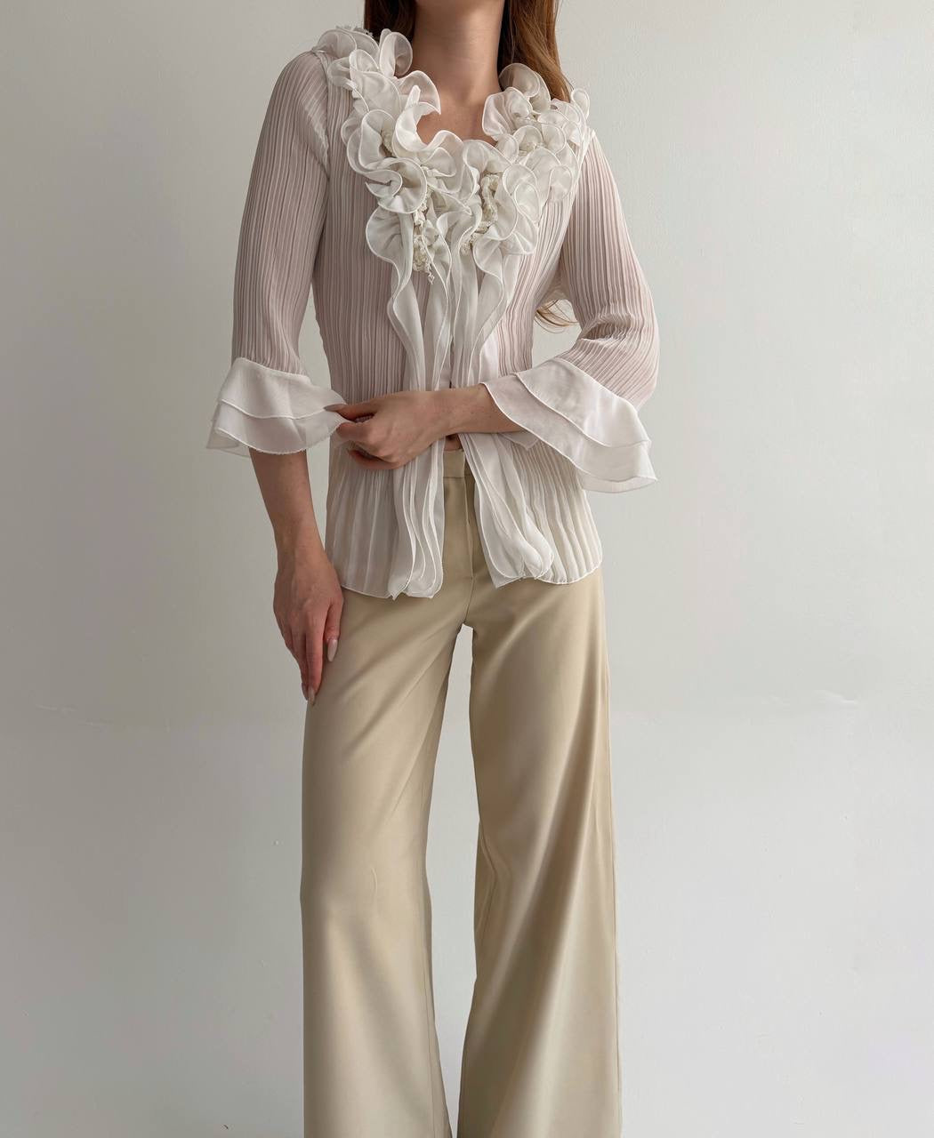 Vintage white pleated blouse with ruffles