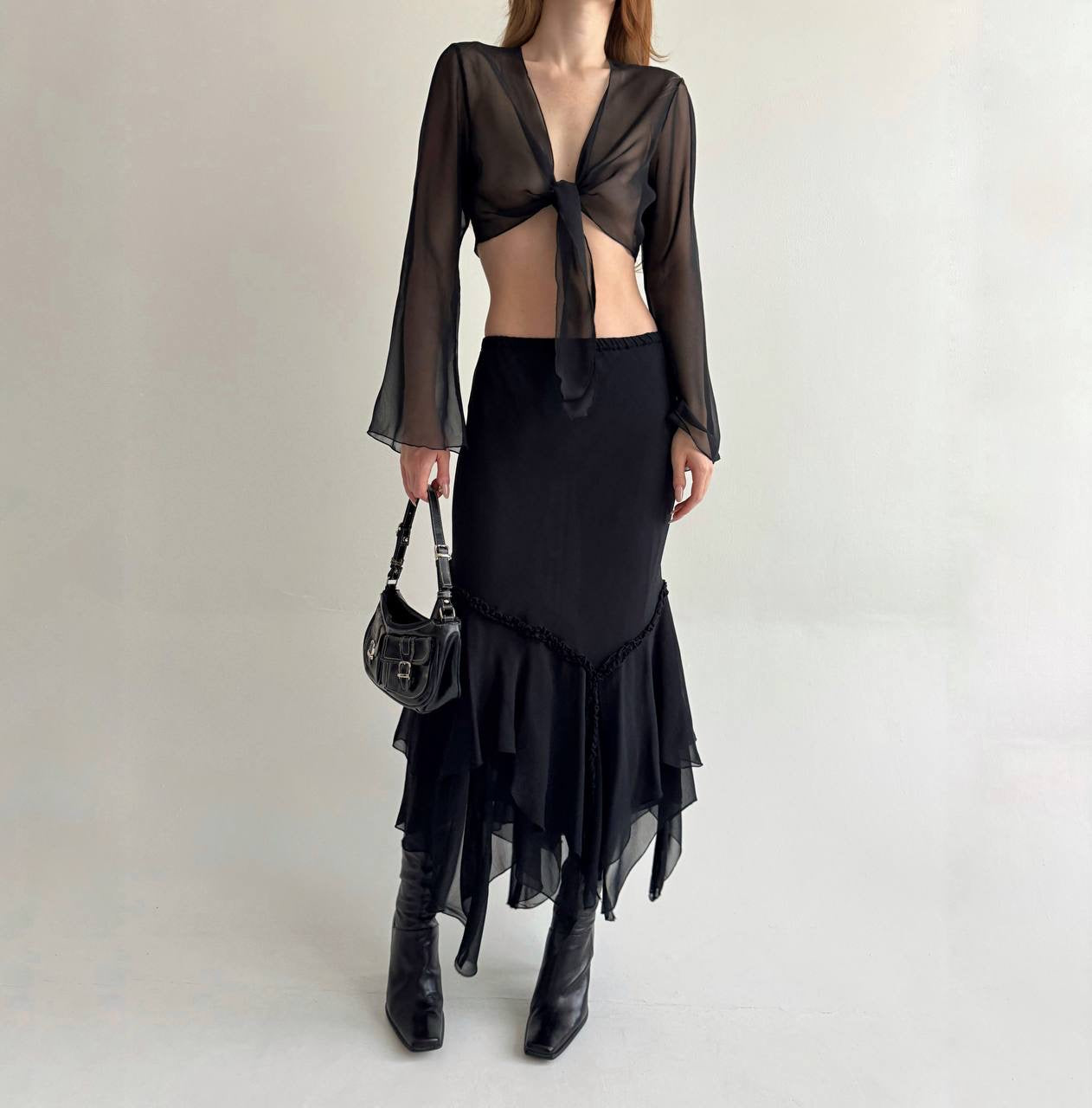 Vintage viscose black asymmetrical layered bottom skirt with ruched detail