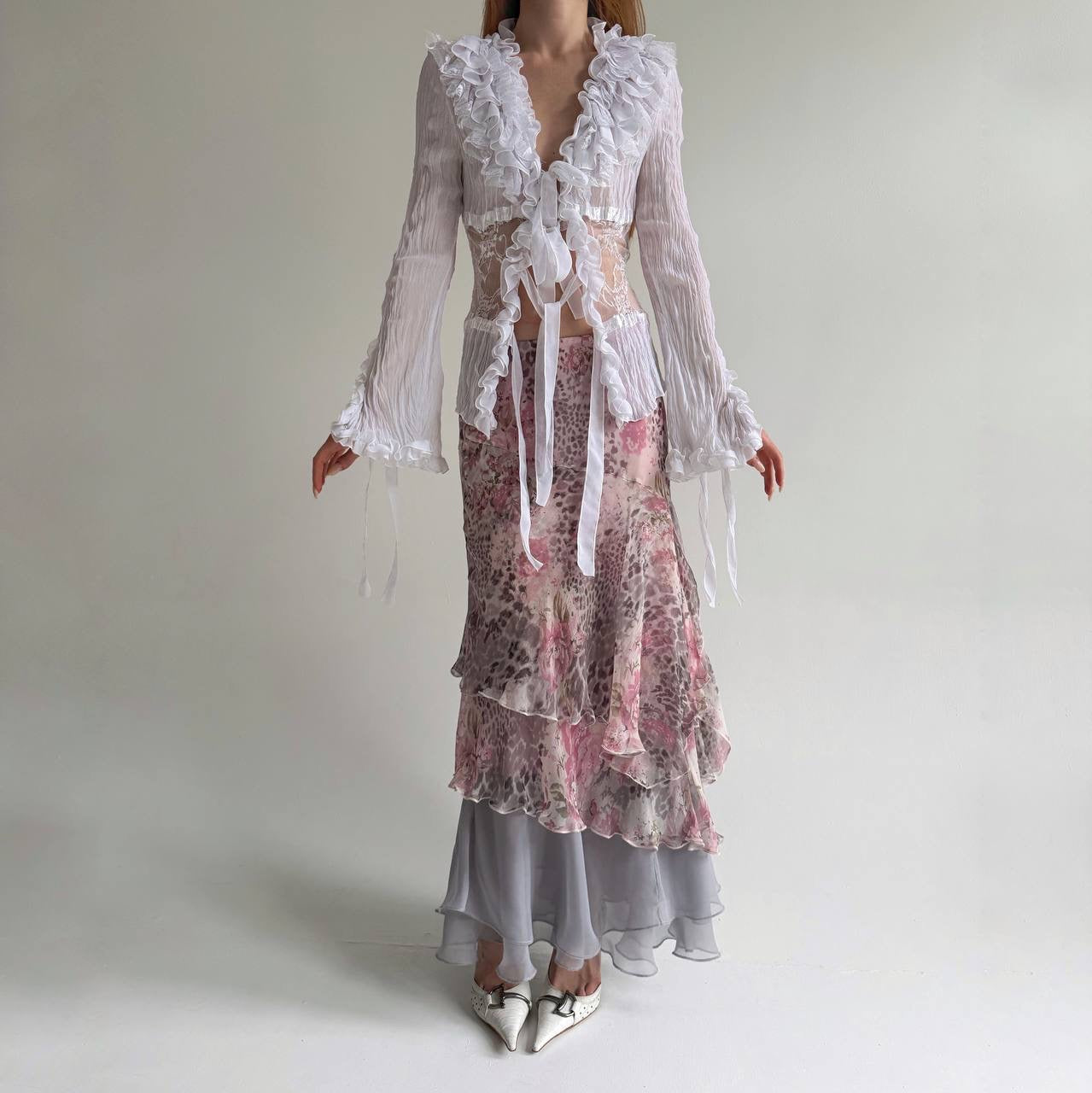 Vintage printed ruched long skirt