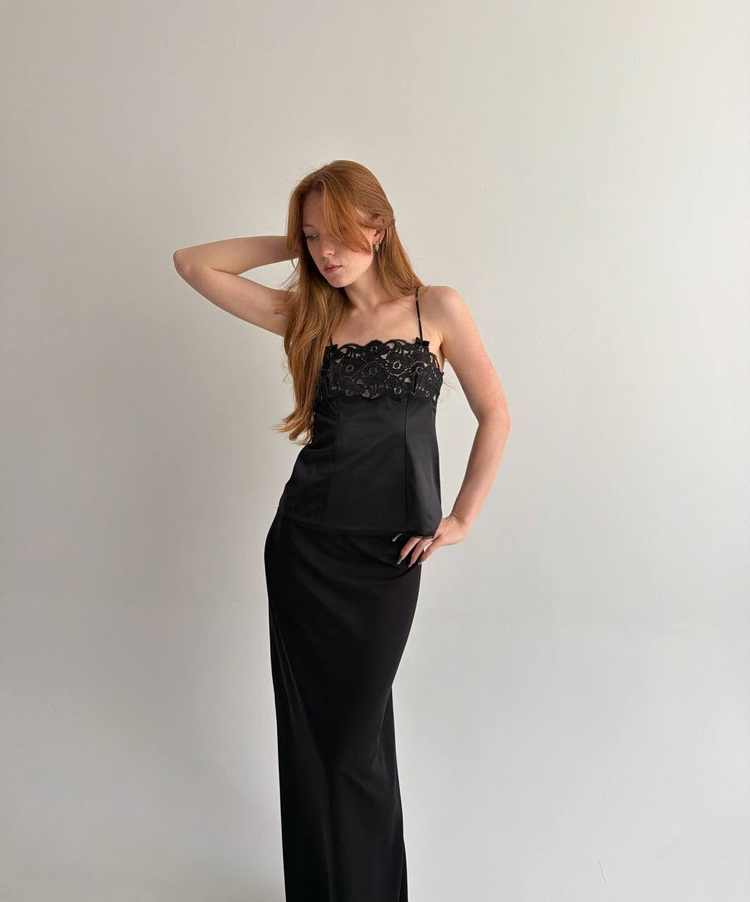 Vintage black satin camisole top with lace