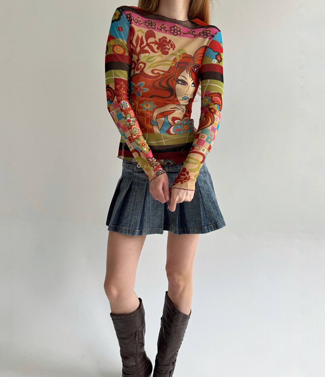 Vintage mesh printed orange blouse