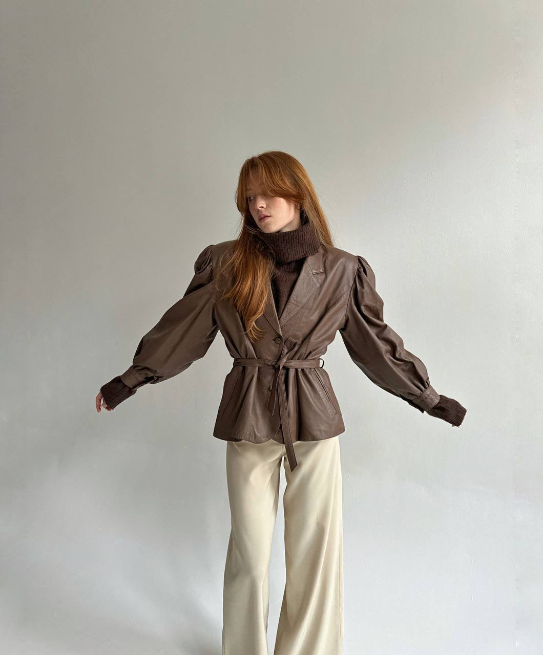 Vintage faux leather jacket with waist tie